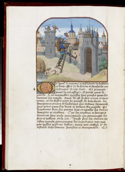 Ms.165 f.51v: جندي يحمل درعًا وسيفًا يتسلق سلم التسلق ، من Hesdin أو Valenciennes ، c.1465-68 (شهادة جامعية) بواسطة سيمون مارميون